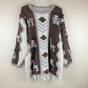 Vintage “The Alpaca Collection” Llama Intarsia Sweater • Fringe Hem Chunky Knit